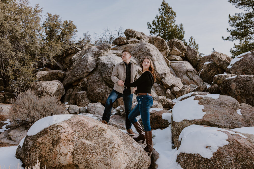 couple in big bear lake snow